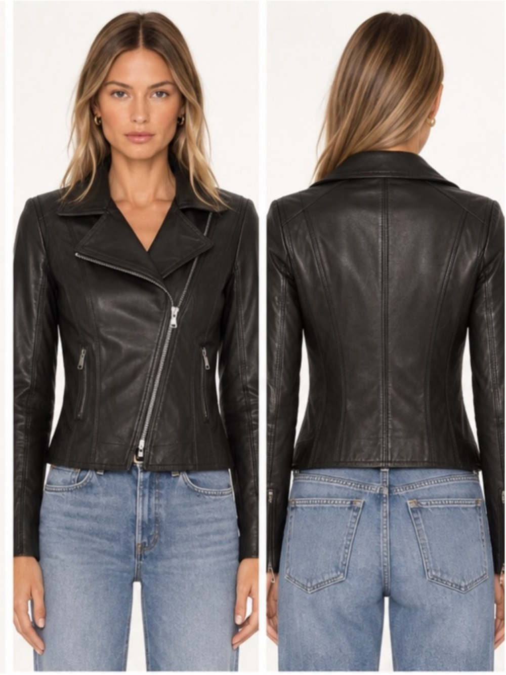 Schyia Black lamb Leather Moto Jacket US 4 Fitted Asymmetrical Zip biker